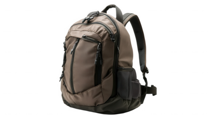 A studio shot of a khaki colored backpack with black accents against a black background in soft lighting on transparent background