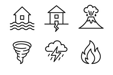 Natural disaster icons: flood, earthquake, volcano, tornado, storm, fire symbols