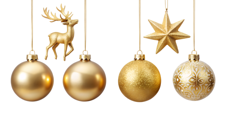 A collection of shiny gold christmas ornaments including baubles, a reindeer, and a star, hanging and isolated on a transparent background