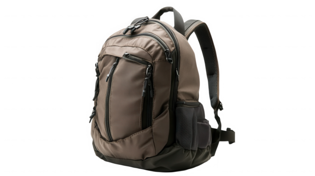 A studio shot of a khaki colored backpack with black accents against a black background in soft lighting on transparent background