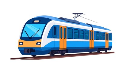 A modern blue and yellow passenger train travels on tracks