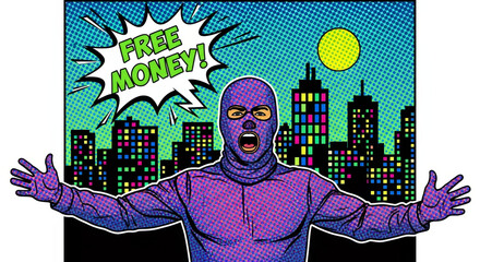 Man criminal in purple balaclava shouting free money in comic book style. Scam and fraud concept for digital security protection.