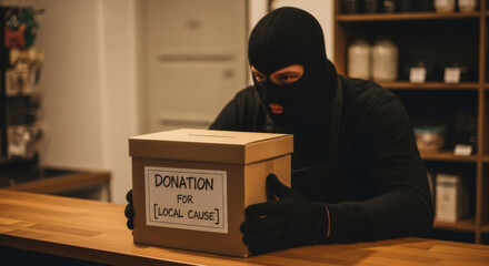 Caucasian man in black balaclava holding a donation box. Thief stealing money from charity. Crime, fraud, and embezzlement concept.