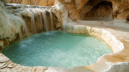 A natural hot spring with cascading waterfalls and mineral deposits, creating a unique and therapeutic bathing experience in a serene setting