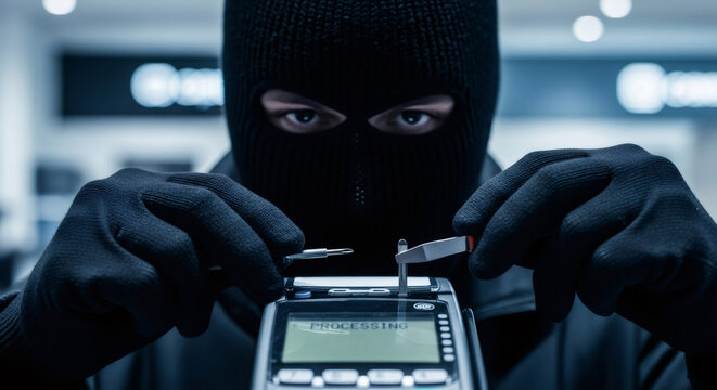 Criminal man installing skimmer on payment terminal. Cyber security risk. Data theft concept for financial fraud.
