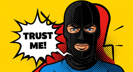 Man in ski mask saying trust me. Scammer with balaclava and open mouth. Fake news and digital fraud concept.