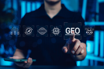 Generative Engine Optimization (GEO) concept with AI icons and chatbot interface, illustrating modern digital marketing and search engine strategies powered by artificial intelligence. AI search,