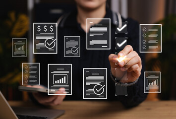 Digital Document Review and Approval Process Concept. Businesswoman approves and reviews with checkmark icons, workflow automation, quality control, certification, compliance verification, assurance,