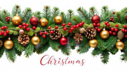 Horizontal christmas garland border with green fir branches, golden and red baubles, red berries, and pinecones, with the word christmas in script, isolated on white isolated on transparent background