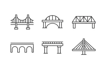 Set of six minimalist bridge icons in black outline design