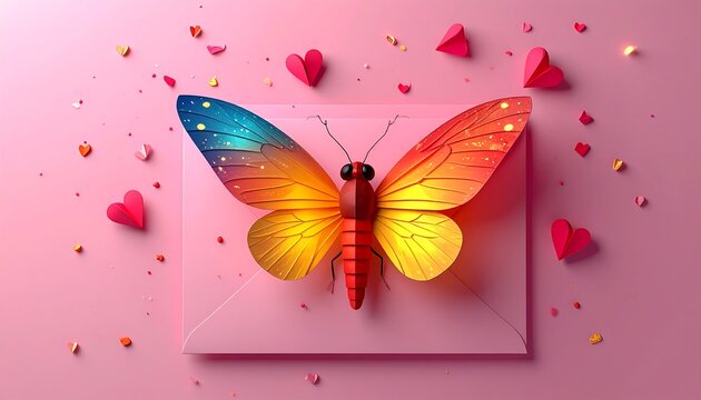 Vivid butterfly with gradient wings perched on a pink envelope, surrounded by paper hearts - Powered by Adobe