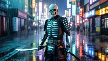 Skeleton samurai wearing glowing neon armor, holding a sword in the rain, dramatic lighting, cinematic poster style