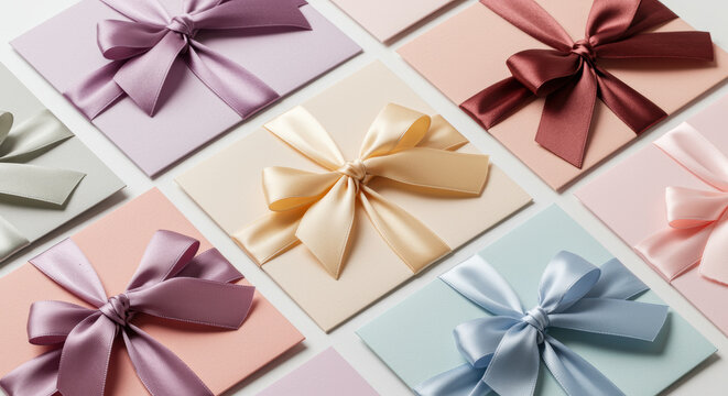 Elegant pastel gift envelopes adorned with silk ribbons, arranged in a stylish flat lay pattern for festive celebration themes