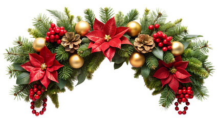 Elegant christmas garland featuring vibrant red poinsettias, golden baubles, pine cones, red berries, and lush green fir branches, isolated on a clean transparent background