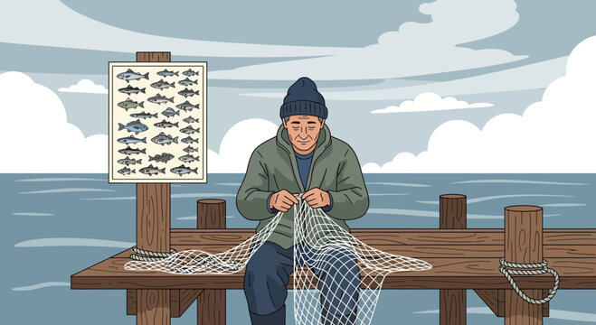 Hand-drawn illustration of a fisherman repairing a fishing net on a wooden pier
