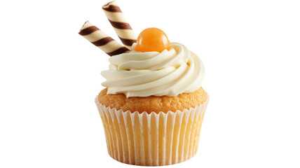 Delicious cupcake with creamy frosting, chocolate sticks, and candy topping treat