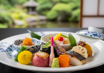 贅沢な和食体験：日本庭園を望む、彩り豊かな懐石料理の美