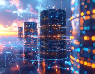 Data centers glow at sunset, interconnected by light beams. Abstract representation of digital infrastructure