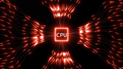 Red Energy Lines Converging on CPU Symbol with Data Flow on Black Background central processing unit