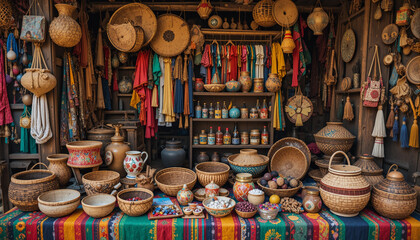 Traditional African marketplace showcasing a variety of handmade pottery and crafts in a colorful and vibrant display
