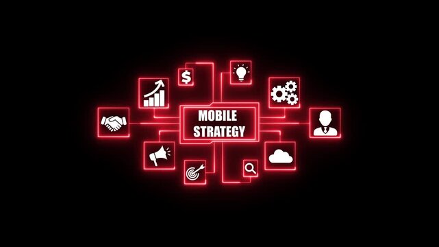 Mobile strategy concept flowchart with glowing blue icons for business growth shopping ideas. Business, Technology, Internet and network concept.