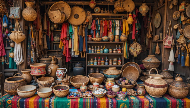 Traditional African marketplace showcasing a variety of handmade pottery and crafts in a colorful and vibrant display