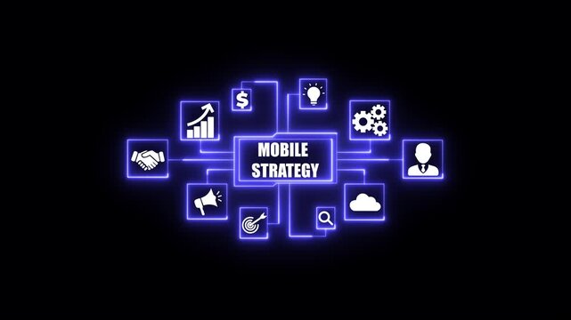 Mobile strategy concept flowchart with glowing blue icons for business growth shopping ideas. Business, Technology, Internet and network concept.