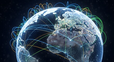 Dynamic global communication network encircling Earth, illustrating digital interconnectedness, data exchange, and worldwide technological advancement on a dark, starry background