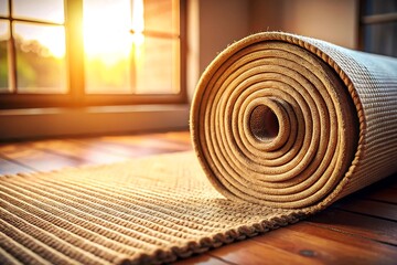 A rolled yoga mat sits on a wooden floor in the sunlight