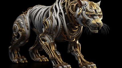 Futuristic mechanized tiger with silver and gold accents, detailed machinery