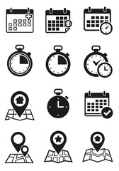 Time and Location Icons - Calendar, Stopwatch, and Map Markers.