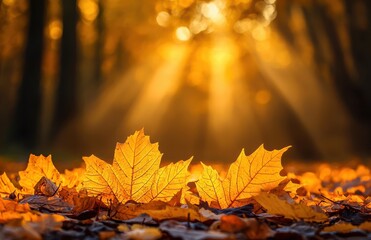 Golden autumn leaves illuminated by warm sunlight in a serene forest setting