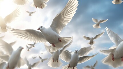 Fototapeta premium Serene flight of white doves against a cloudy sky embodying harmony