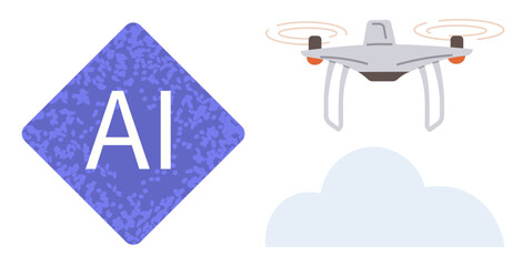 AI label beside hovering quadcopter over a cloud, representing artificial intelligence, innovation, automation, and robotics. Ideal for technology, future trends, research, smart devices automation