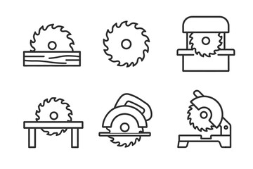 Set of linear icons of various circular saws for woodworking