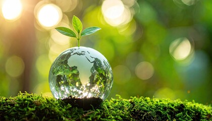 Crystal globe with small plant growing on mossy ground bathed in golden sunlight with blurred green forest background