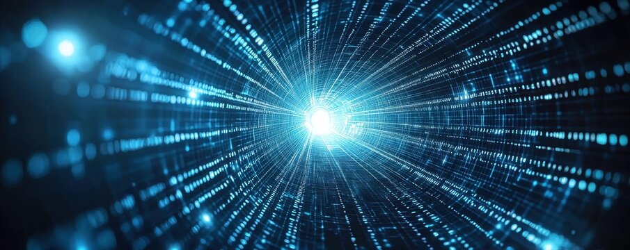 Abstract blue background with radiant white light rays creating a futuristic digital tunnel effect