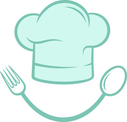 Chef hat with a spoon and fork smile logo. Happy character icon for a restaurant, cafe, and culinary brand
