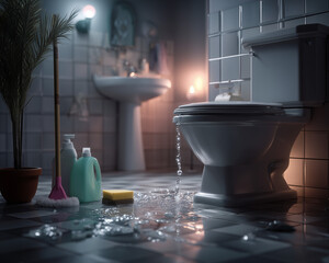 Overflowing toilet with cleaning supplies in small tiled bathroom