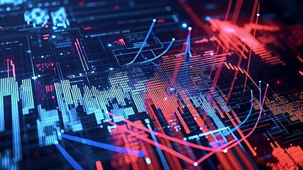 Animated digital interface showing a global map with financial stock market graphs, charts, and futuristic data streams representing worldwide economic activity and modern technology connections - Powered by Adobe