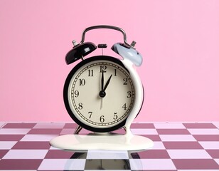 Surreal clock melting on a checkered surface