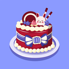 A delicious strawberry layer cake topped with bunny-shaped cream decoration and sweet glaze. Perfect for dessert menu designs, bakery branding, and cute food projects.