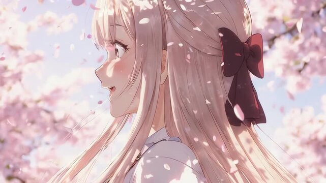 A breathtaking close-up of a beautiful anime girl smiling gently under falling sakura petals. A perfect representation of spring, beauty, and Japanese culture.