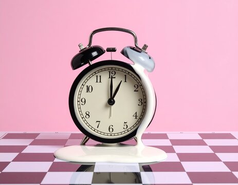 Surreal clock melting on a checkered surface