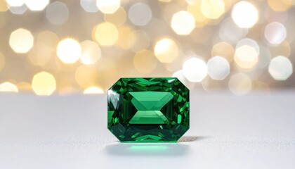 Emerald cut gemstone, radiant green, on white, bokeh lights
