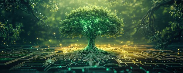 Digital tree of life flourishing over a futuristic circuit board, symbolizing the fusion of nature and technology in a harmonious ecosystem