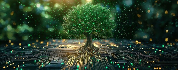 Futuristic tree of life concept merging nature and technology with glowing green leaves atop a digital circuit board symbolizing innovation, growth, connection, and sustainability.