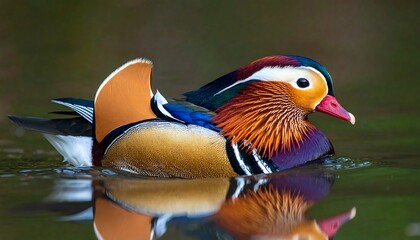 Vivid Mandarin duck swimming in water, displaying bright orange, yellow, and purple plumage, soft focus background