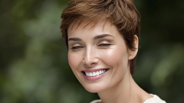 A radiant woman with short, textured brown hair and a genuine, heartwarming smile is captured in a close-up outdoor portrait. Her expressive eyes, subtle wrinkles, and natural skin texture convey auth