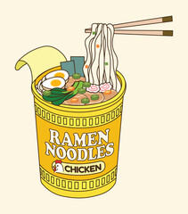 Yellow ramen cup noodles with chopstick illustration inspired by chicken flavor design